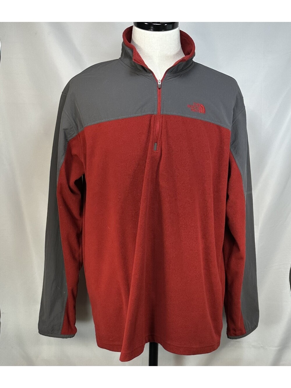 North Face 1/4 Zip Nylon Fleece Jacket Red/Gray Mens XL